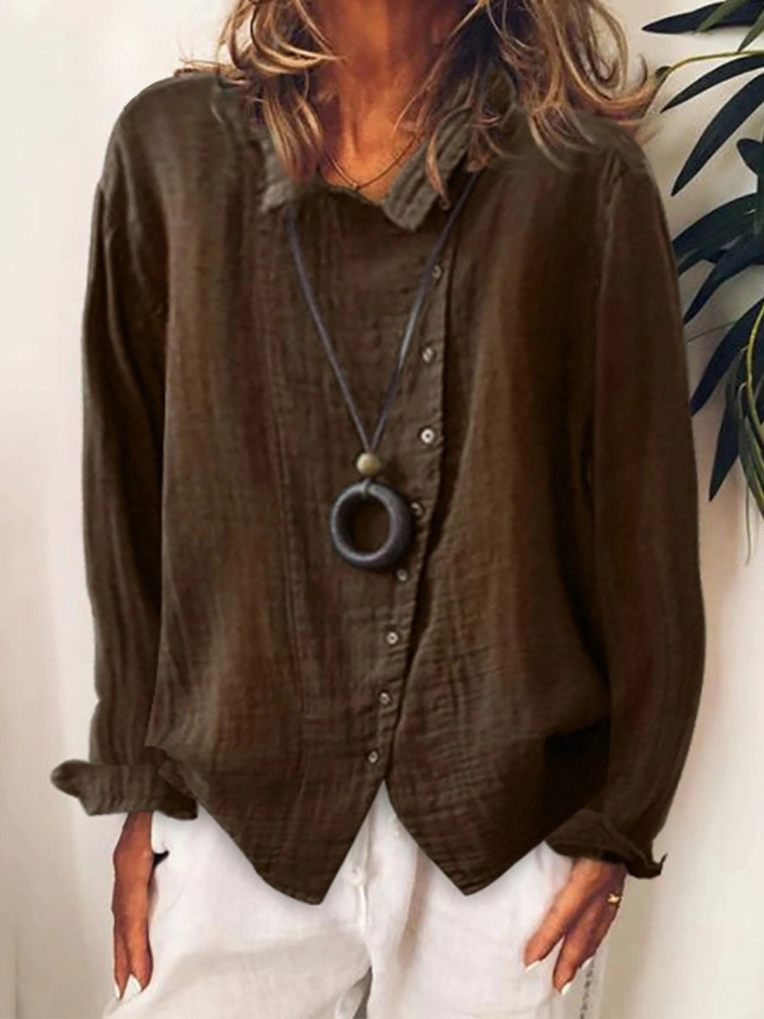 Women's Linen Blouse Long Sleeve Casual Shirt Relaxed Top