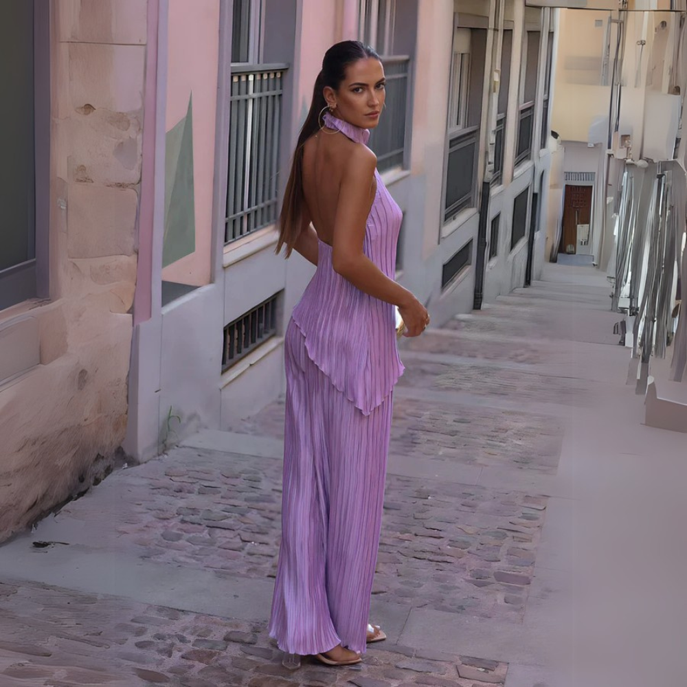 Women’s Linen Blend Halter Top & Wide-Leg Trouser Set