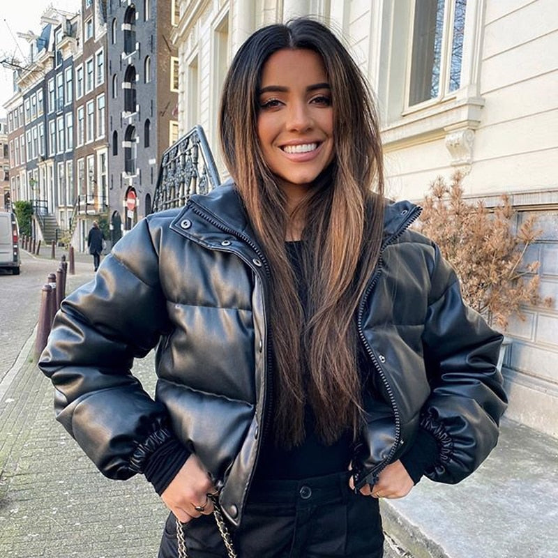 Women's Leather Puffer Jacket Coat