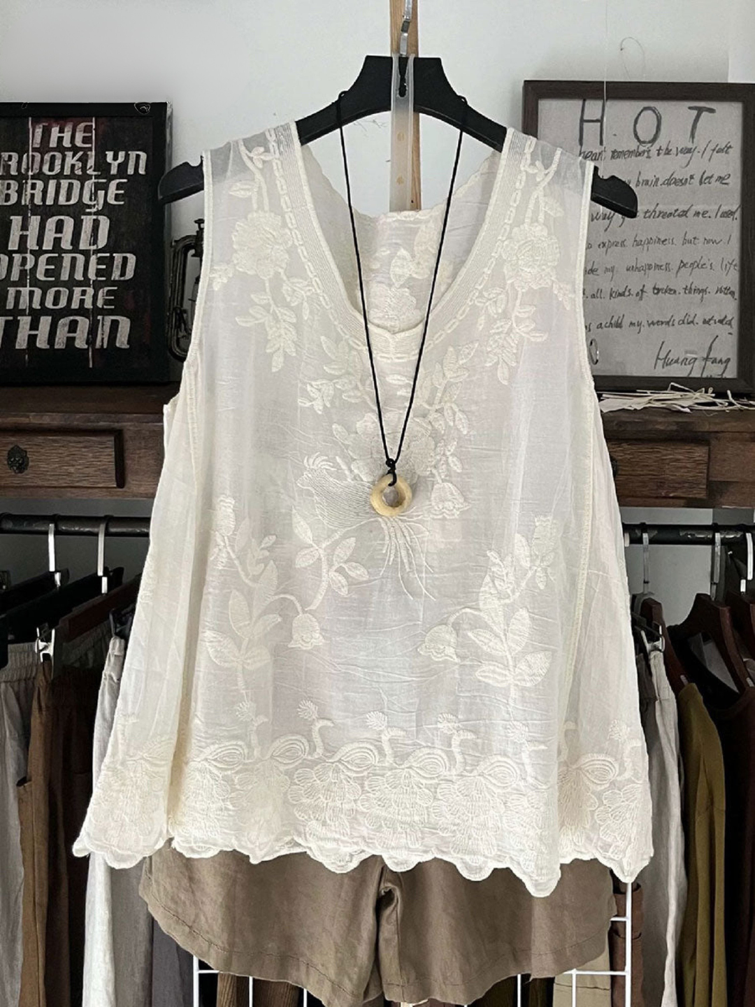 Women's Embroidered Linen Tank Top Sleeveless Blouse