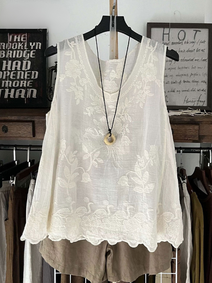 Women's Embroidered Linen Tank Top Sleeveless Blouse