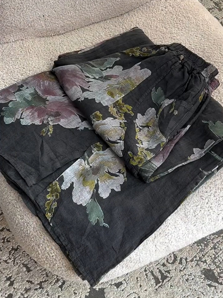 Women's Floral Linen Wide Leg Trousers Relaxed Fit Pants