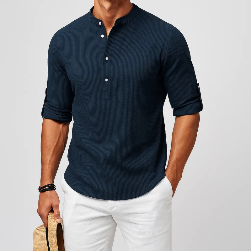 Men's Linen Henley Shirt Roll-Up Sleeve Casual Top
