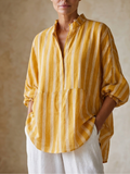 Women's Striped V-Neck Ruffle Trim Lantern Sleeve Top
