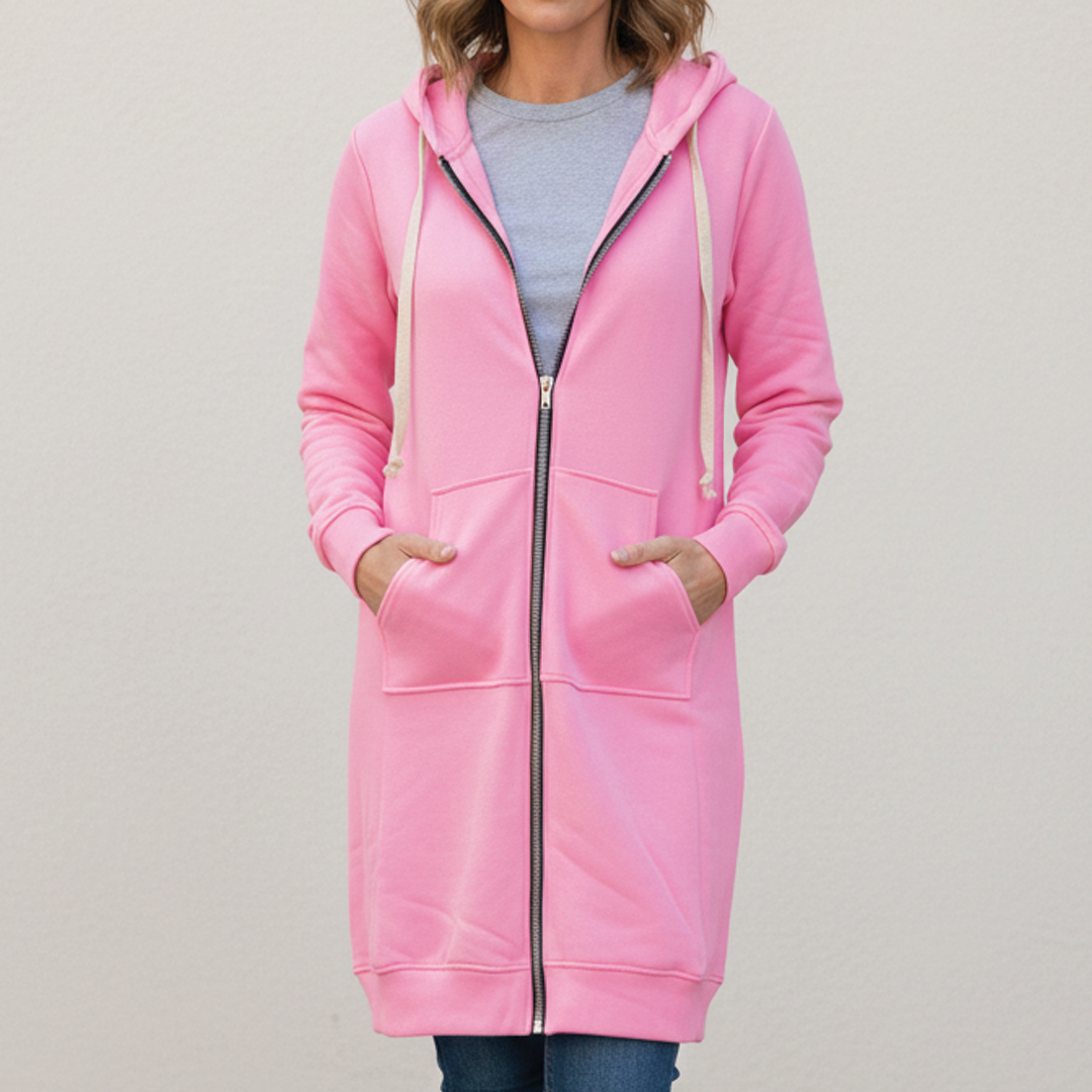 Women's Fleece Longline Zip Up Hoodie Jacket Coat Sweatshirt
