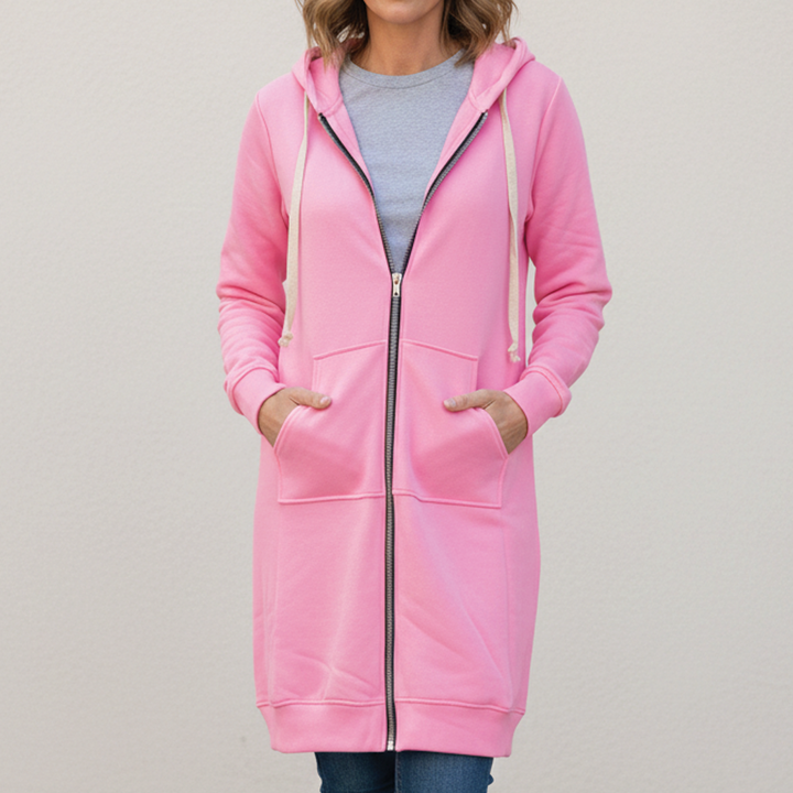 Women's Fleece Longline Zip Up Hoodie Jacket Coat Sweatshirt