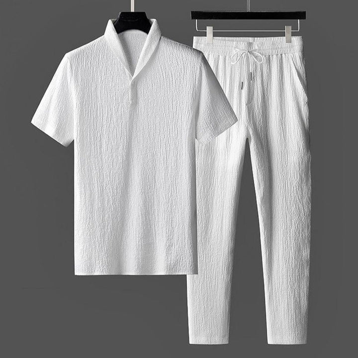 Men's Knit Shawl Collar Short Sleeve Shirt and Trousers Set
