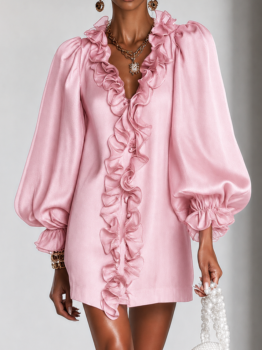 Women's Silk Ruffle Puff Long Sleeve Party Shift Tunic Dress