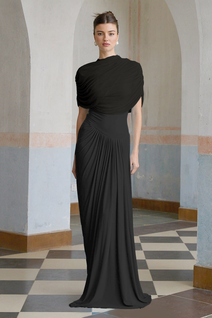 Women’s Satin Draped Mock-Neck Asymmetric Ruched Maxi Dress