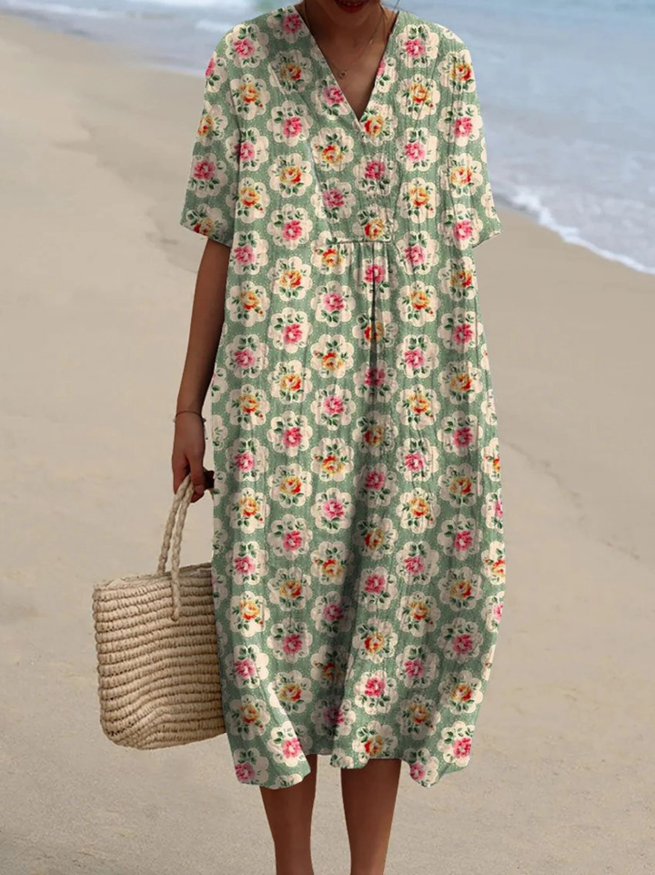 Women's Linen V-Neck Floral Print Midi Dress