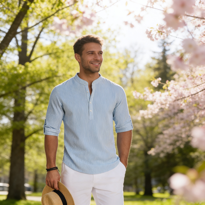 Men's Linen Henley Shirt Roll-Up Sleeve Casual Top