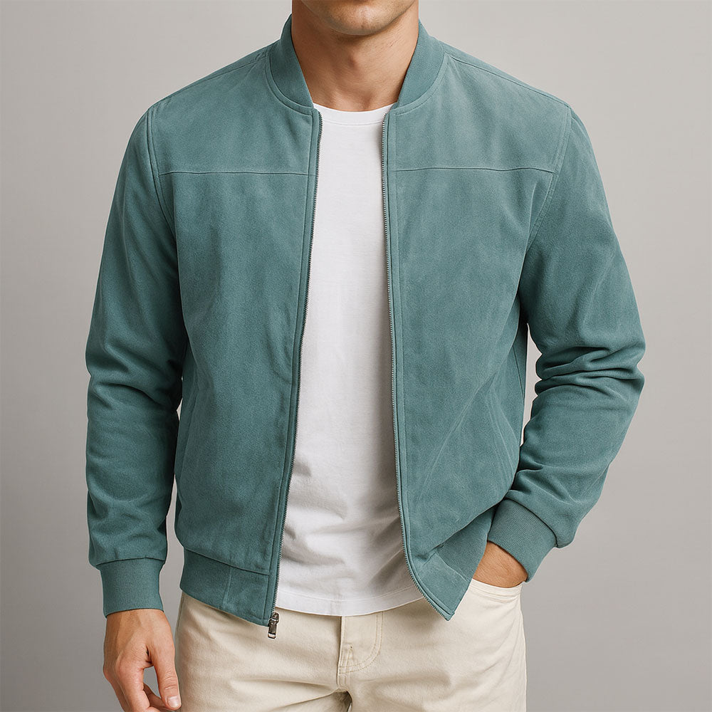 Men’s Suede Stand-Collar Full-Zip Bomber Jacket
