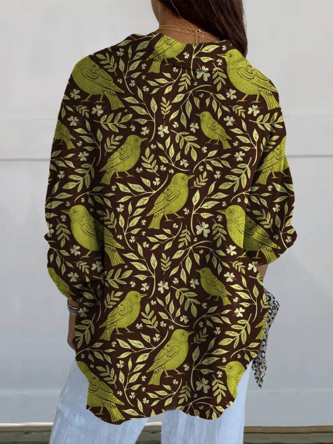 Women's Linen Blend Bird Print Long Sleeve Button Down Shirt