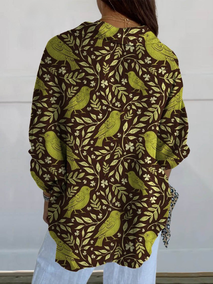 Women's Linen Blend Bird Print Long Sleeve Button Down Shirt