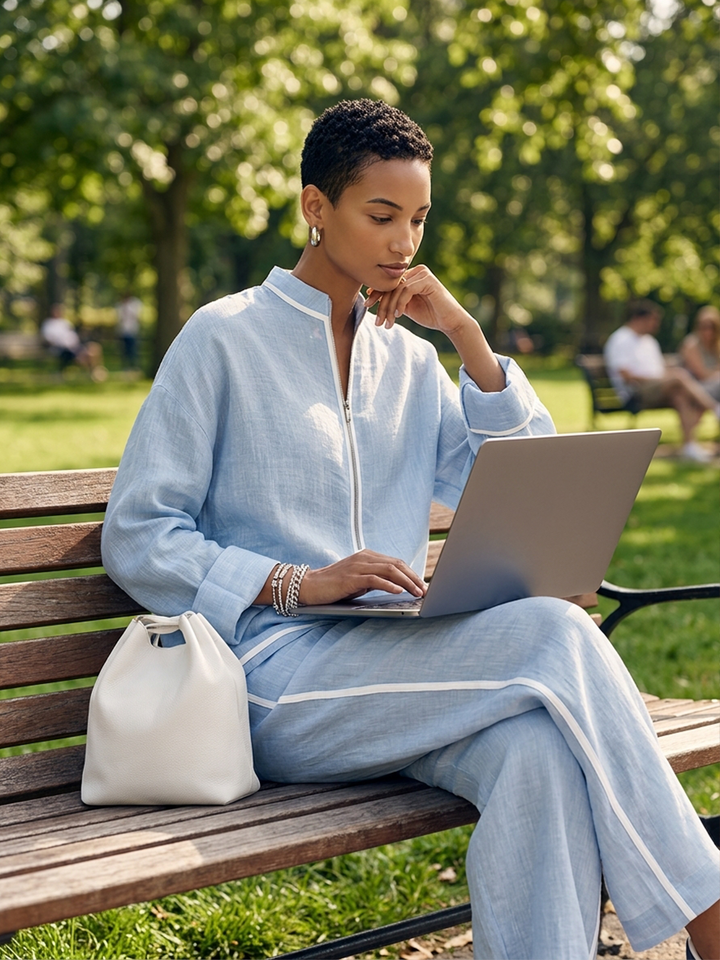 Women Linen Two Piece Set Long Sleeve Top and Wide Leg Trousers
