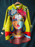 Women's Oil Painting Portrait Print Linen Shirt