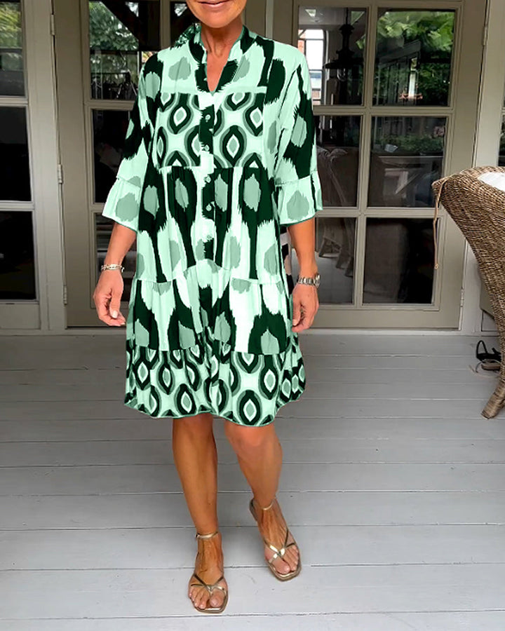Women's Abstract Print V Neck Tiered Linen Shift Dress