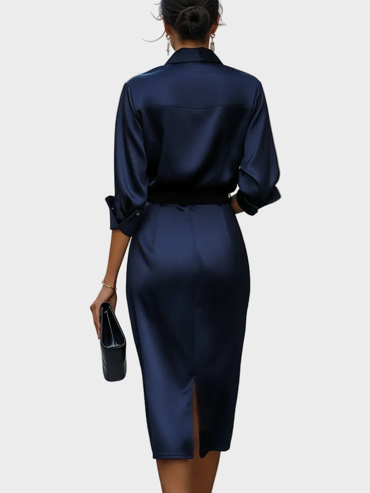 Women's Satin Cowl Neck Long Sleeve Midi Dress