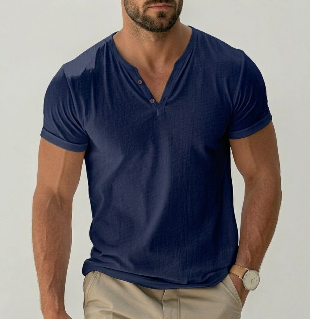 Men's Linen Henley V-Neck Short Sleeve Casual T-Shirt