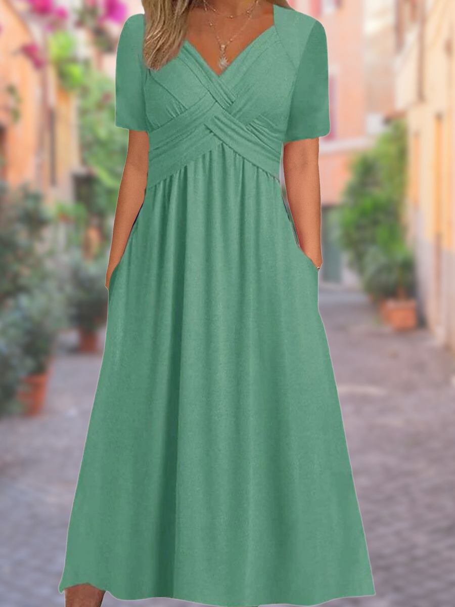 Women's Linen V-Neck Empire Waist Midi Dress
