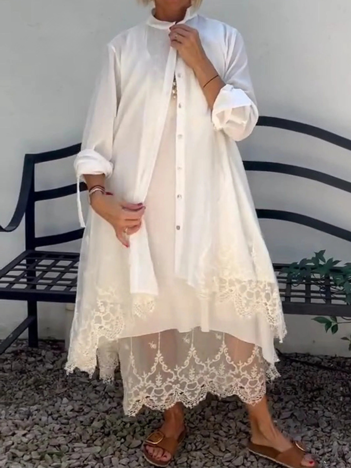 Women's Linen Blend Lace Trim Embroidered Longline Shirt Dress