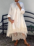 Women's Linen Blend Lace Trim Embroidered Longline Shirt Dress