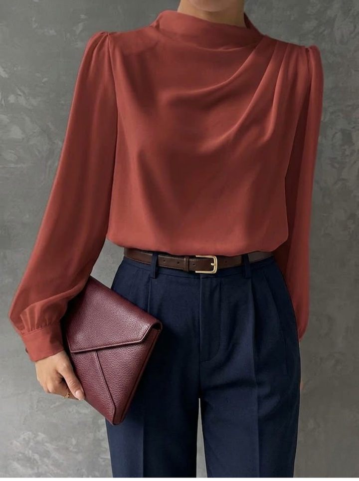 Women's Satin High Neck Blouse Long Sleeve Draped Silk Shirt