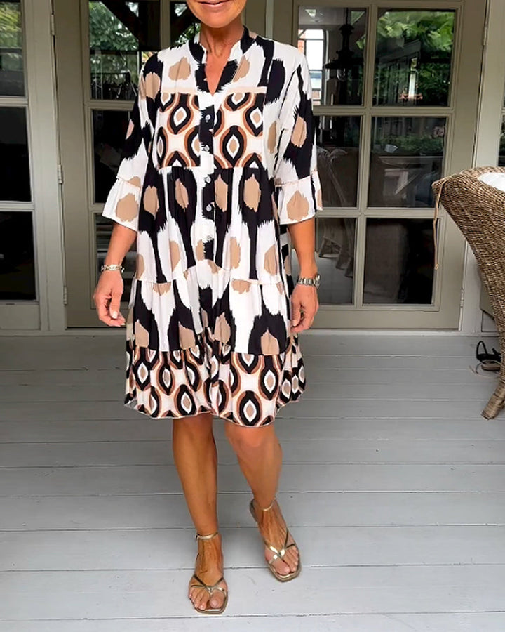 Women's Abstract Print V Neck Tiered Linen Shift Dress
