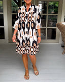 Women's Abstract Print V Neck Tiered Linen Shift Dress