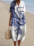 Women’s Linen Octopus Print V-Neck Midi Dress Maxi Kaftan Relaxed Fit