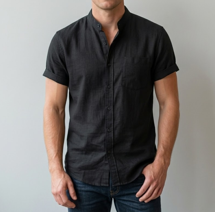Men's Linen Stand Collar Short Sleeve Casual Shirt