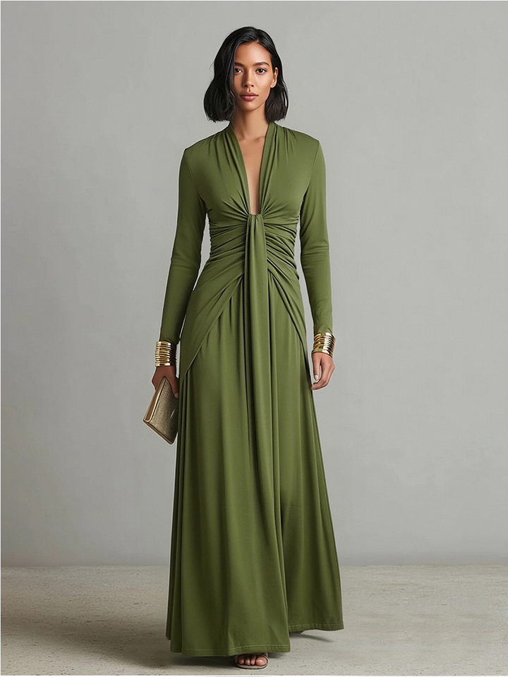 Women's Silk Stretch Long-Sleeve Deep V-Neck Ruched Maxi Dress