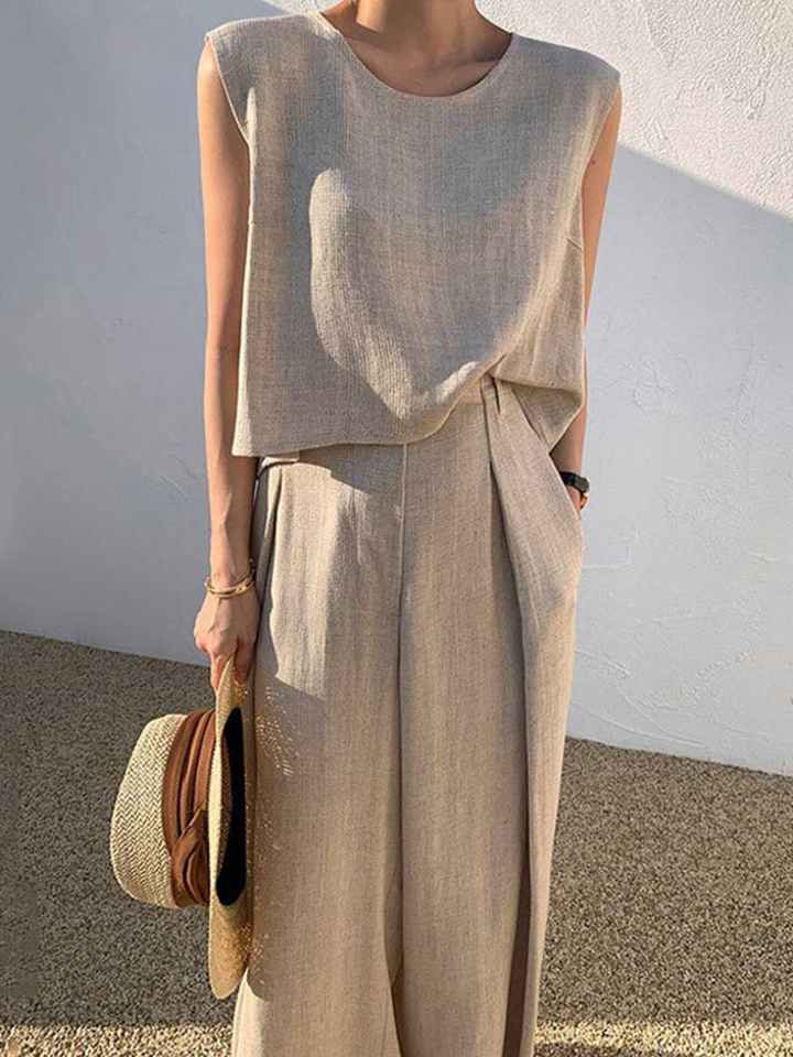 Linen Two Piece Set Women Wide Leg Trousers and Sleeveless Top