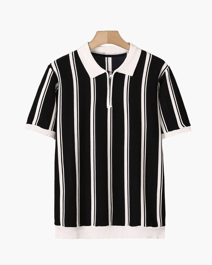 Men's Striped Knit Polo Shirt Quarter Zip Short Sleeve Top