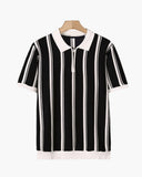 Men's Striped Knit Polo Shirt Quarter Zip Short Sleeve Top