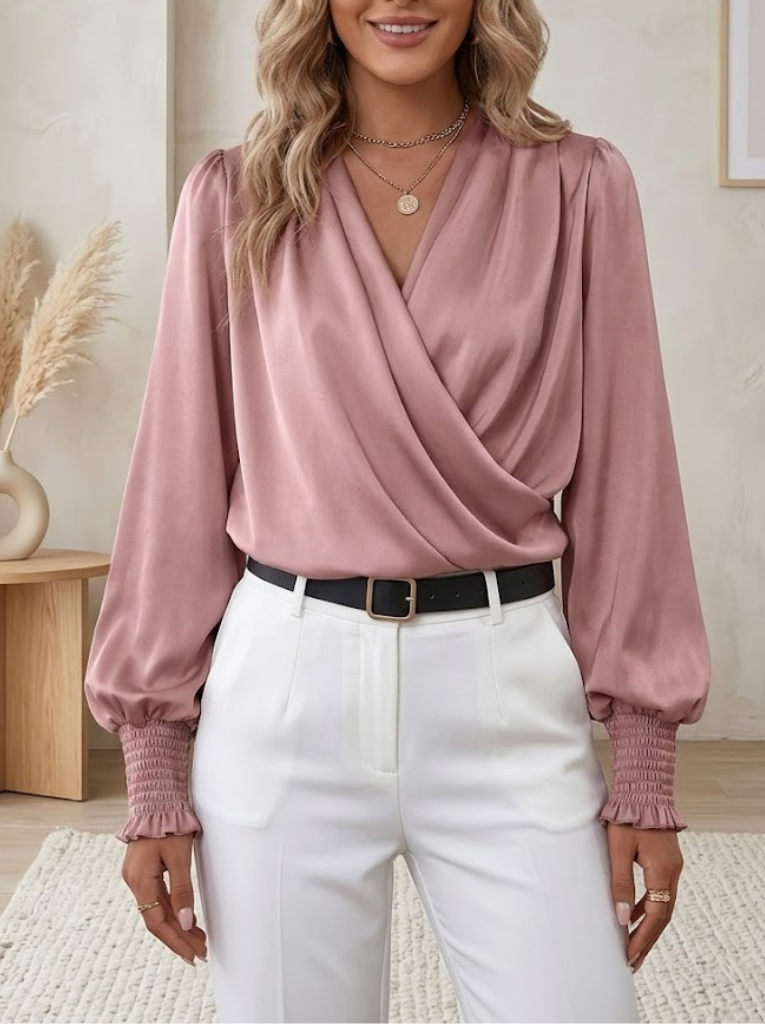 Women's Silk Satin Wrap Front Blouse Long Sleeve V Neck Shirt