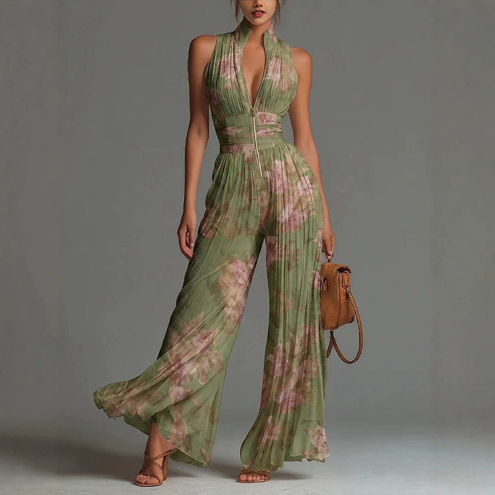 Women's Jumpsuit Satin Halter Neck Wide Leg Elegant Pleated Romper