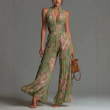 Women's Jumpsuit Satin Halter Neck Wide Leg Elegant Pleated Romper