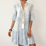 Women's Linen Blend V Neck 3/4 Bell Sleeve Boho Print Shift Dress