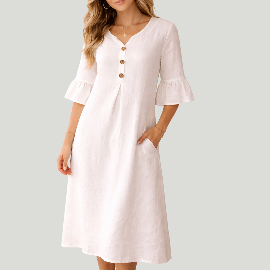 Linen V Neck Flute Sleeve Midi Dress for Women
