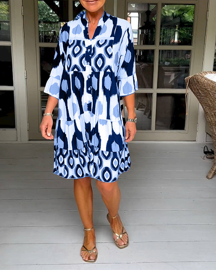 Women's Abstract Print V Neck Tiered Linen Shift Dress
