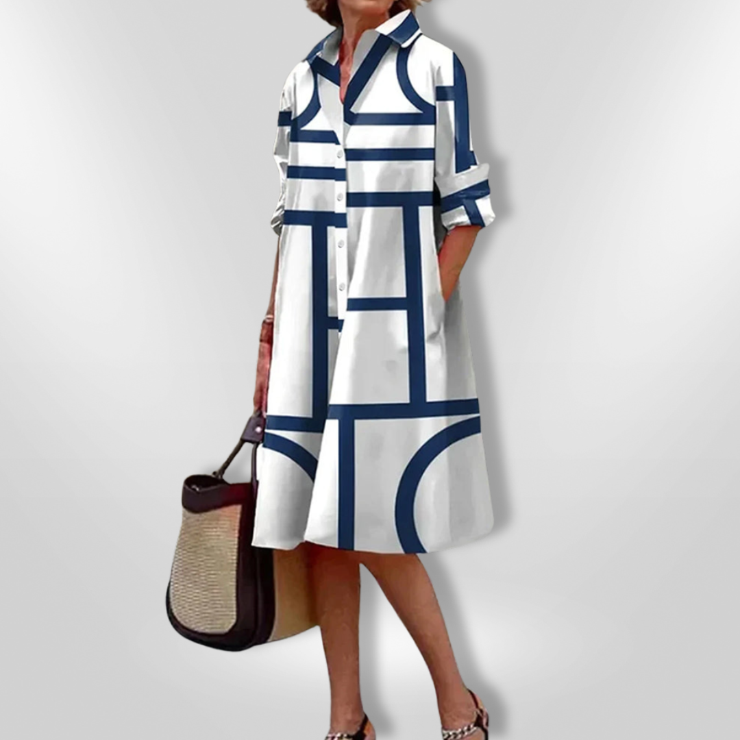 Women's Linen Shirt Dress Geometric Print Midi A-Line Casual Dress