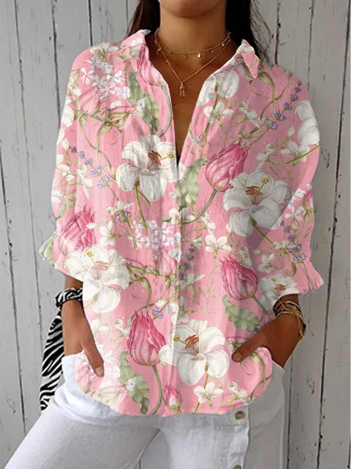 Women Linen Floral Shirt Pants Maxi Dress
