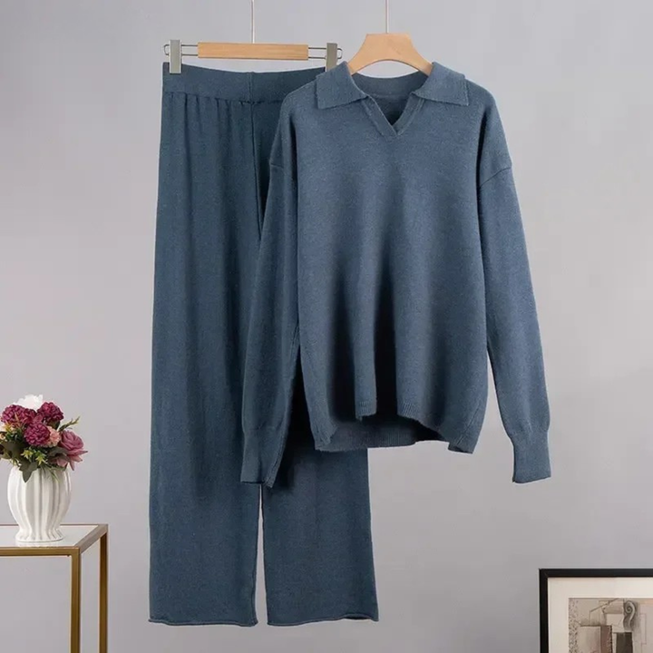 Women's Knit Collar Sweatshirt & Wide Leg Pants Two Piece Set