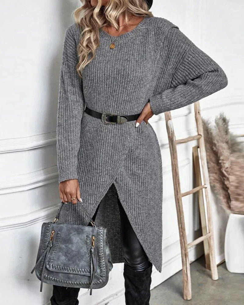 Women’s Merino Wool Longline Crewneck Knit Tunic Sweater