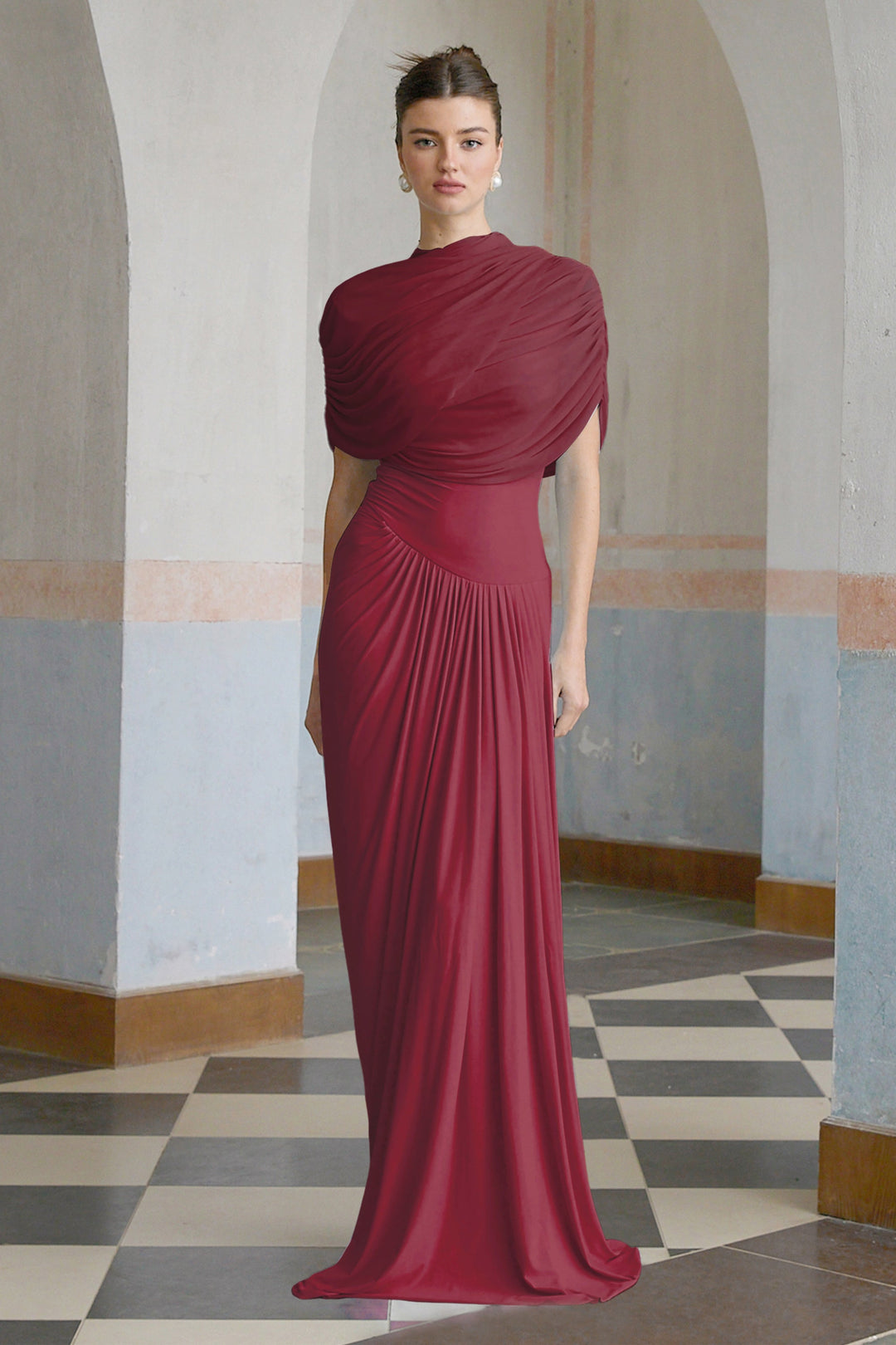 Women’s Satin Draped Mock-Neck Asymmetric Ruched Maxi Dress