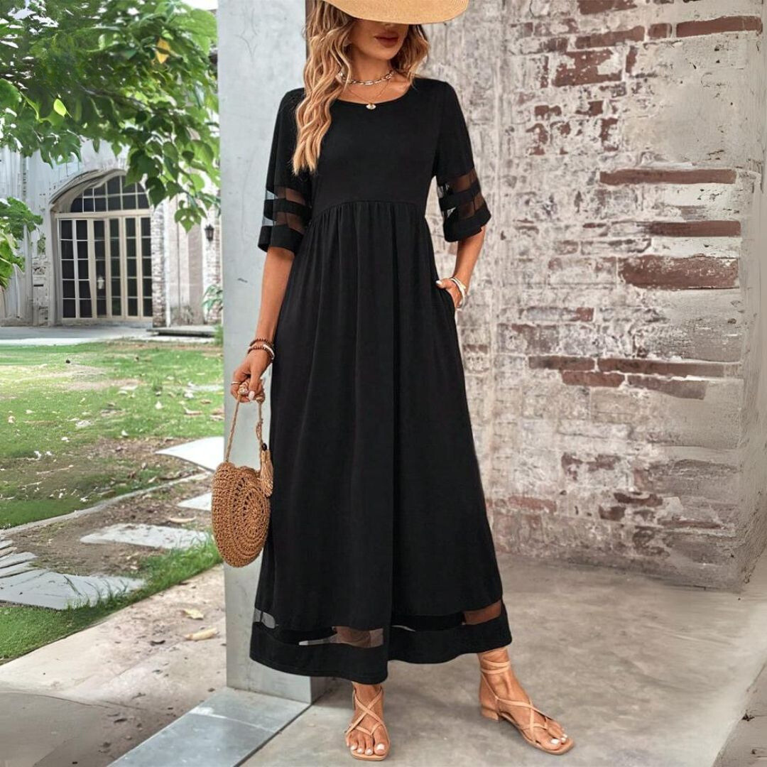 Women's Linen Maxi Dress High Waist Short Sleeve Casual Dress
