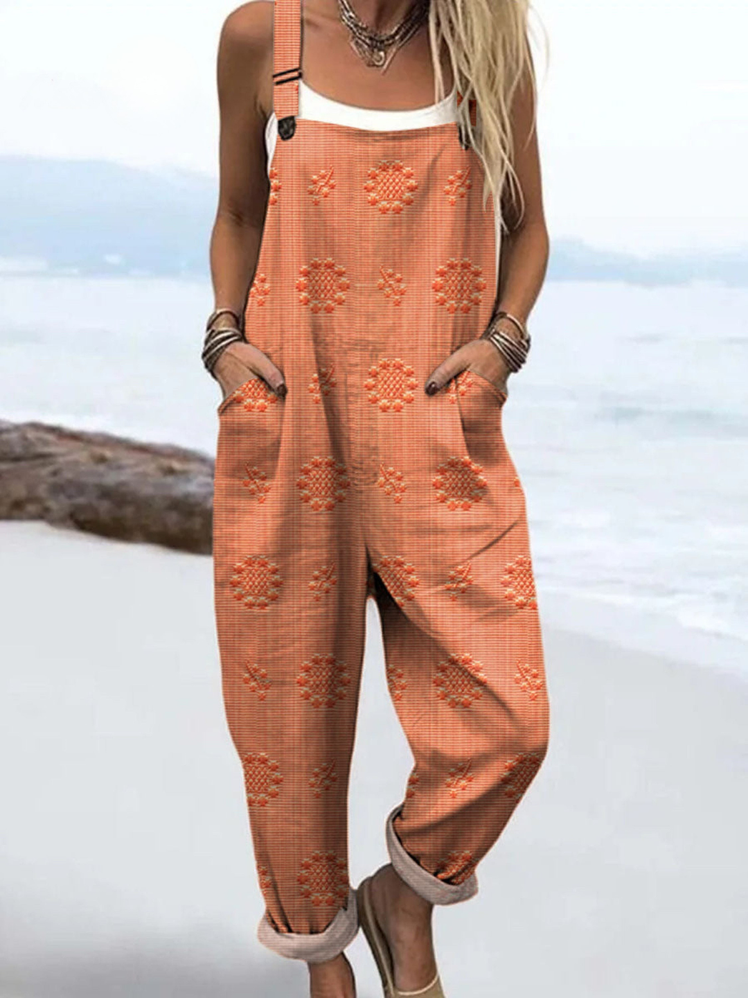 Women's Linen Dungarees Loose Fit Overalls Jumpsuit