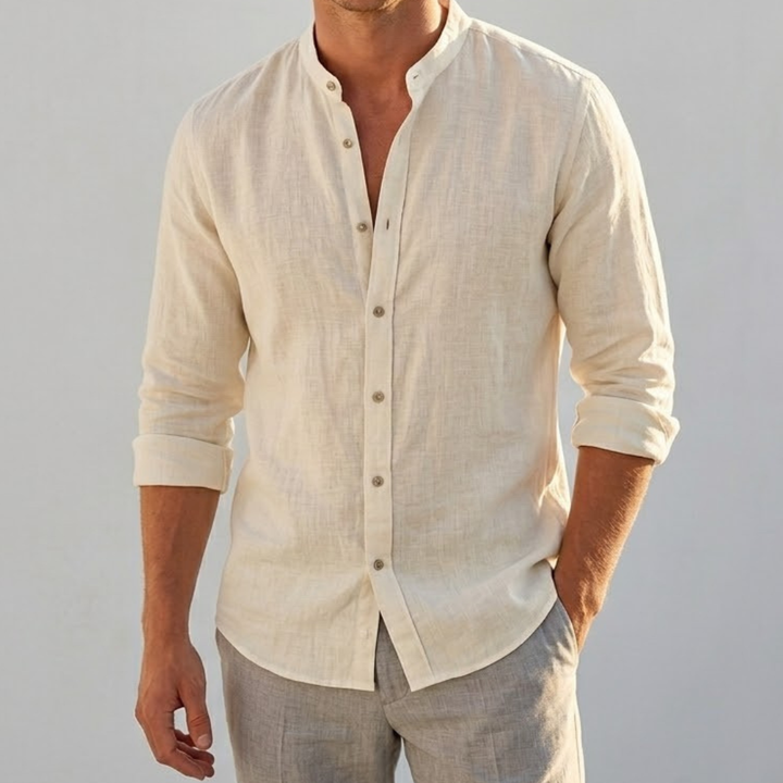 Linen Shirt Men's Grandad Collar Long Sleeve Casual Top
