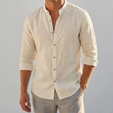 Linen Shirt Men's Grandad Collar Long Sleeve Casual Top